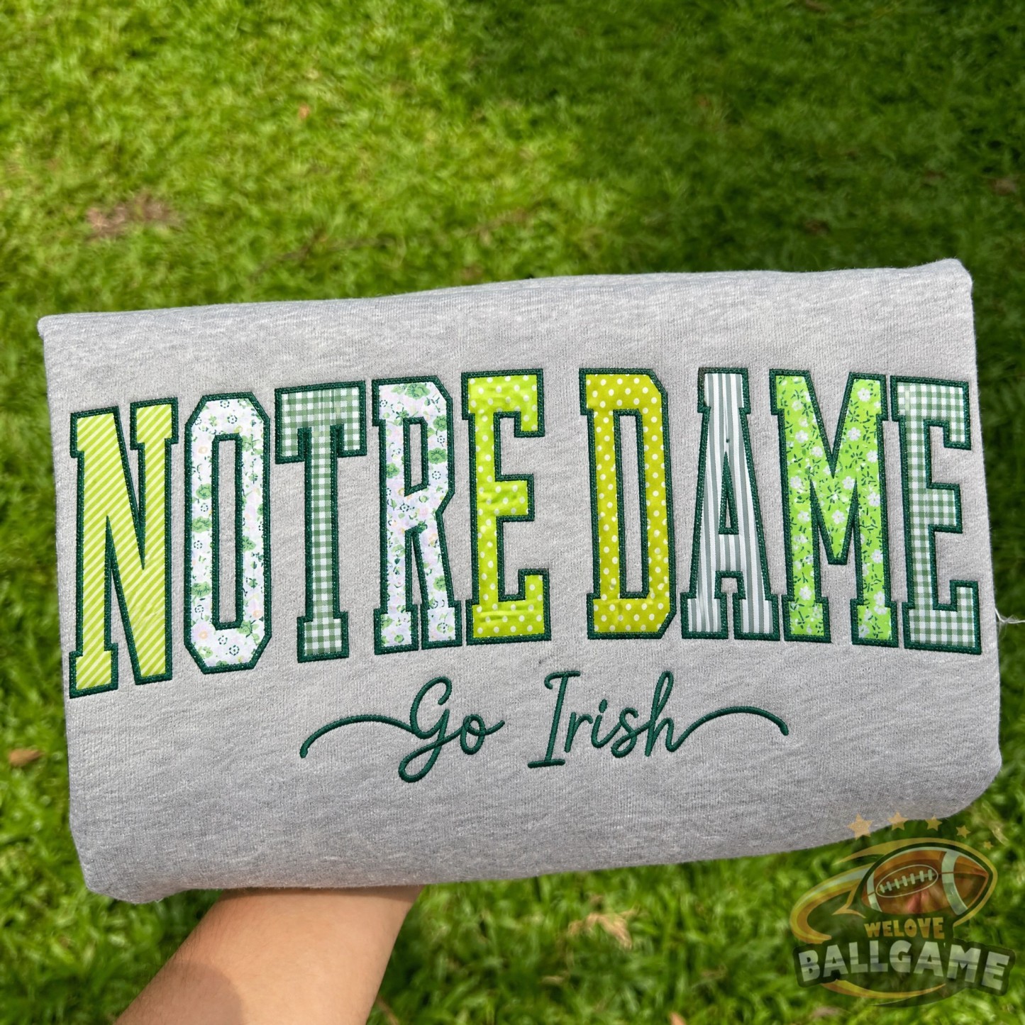 Custom Notre Dame Patchwork Fabric Embroidered Sweatshirt Team and School Name Applique Varsity Letters