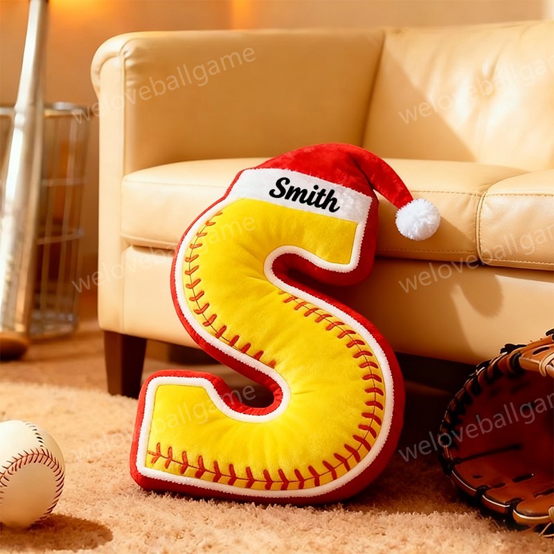 Custom Christmas Santa Hat Softball Initial Throw Pillow With Custom Name For Kids And Sports Fans
