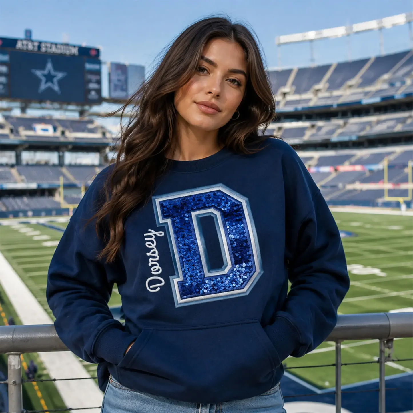 Custom Sequin Varsity Letter Sweatshirt with Multi-Stitched Embroidered Outline - Personalized Sports Fan Gifts