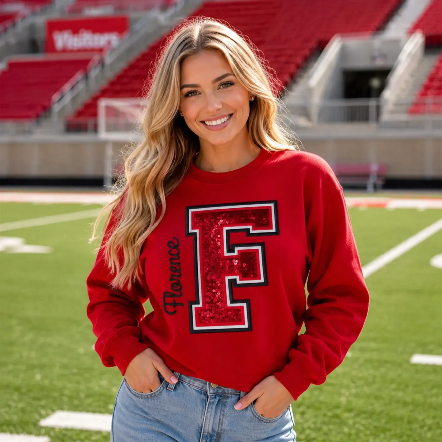 Custom Sequin Varsity Letter Sweatshirt with Multi-Stitched Embroidered Outline - Personalized Sports Fan Gifts