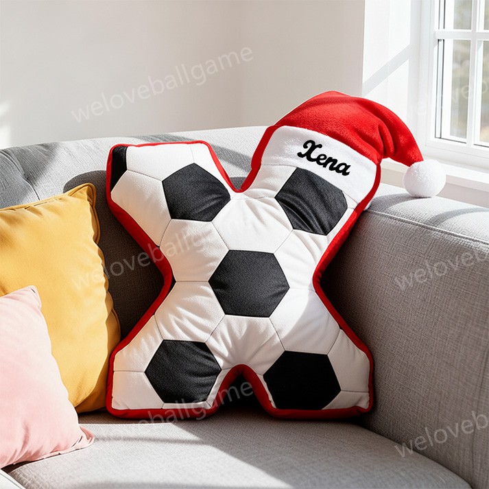 Custom Christmas Santa Hat Soccer Initial Throw Pillow With Custom Name For Kids And Sports Fans