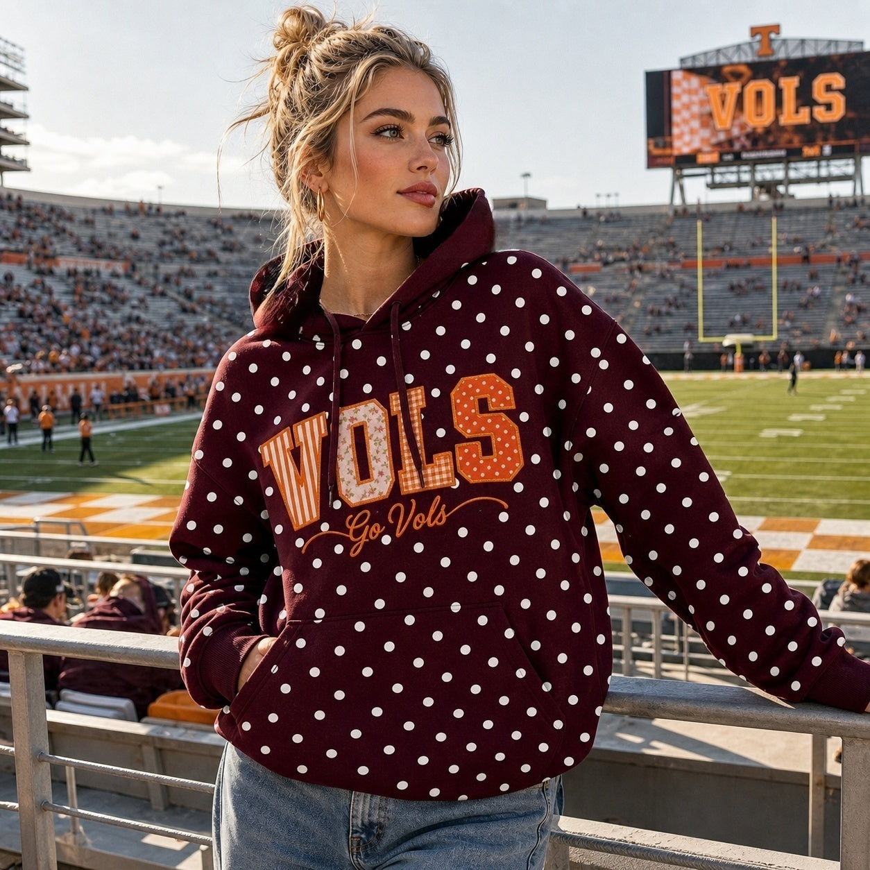 Custom Patchwork Fabric Embroidered Polka Dot Hoodie, Personalized Team and School Name, Game Day Wear