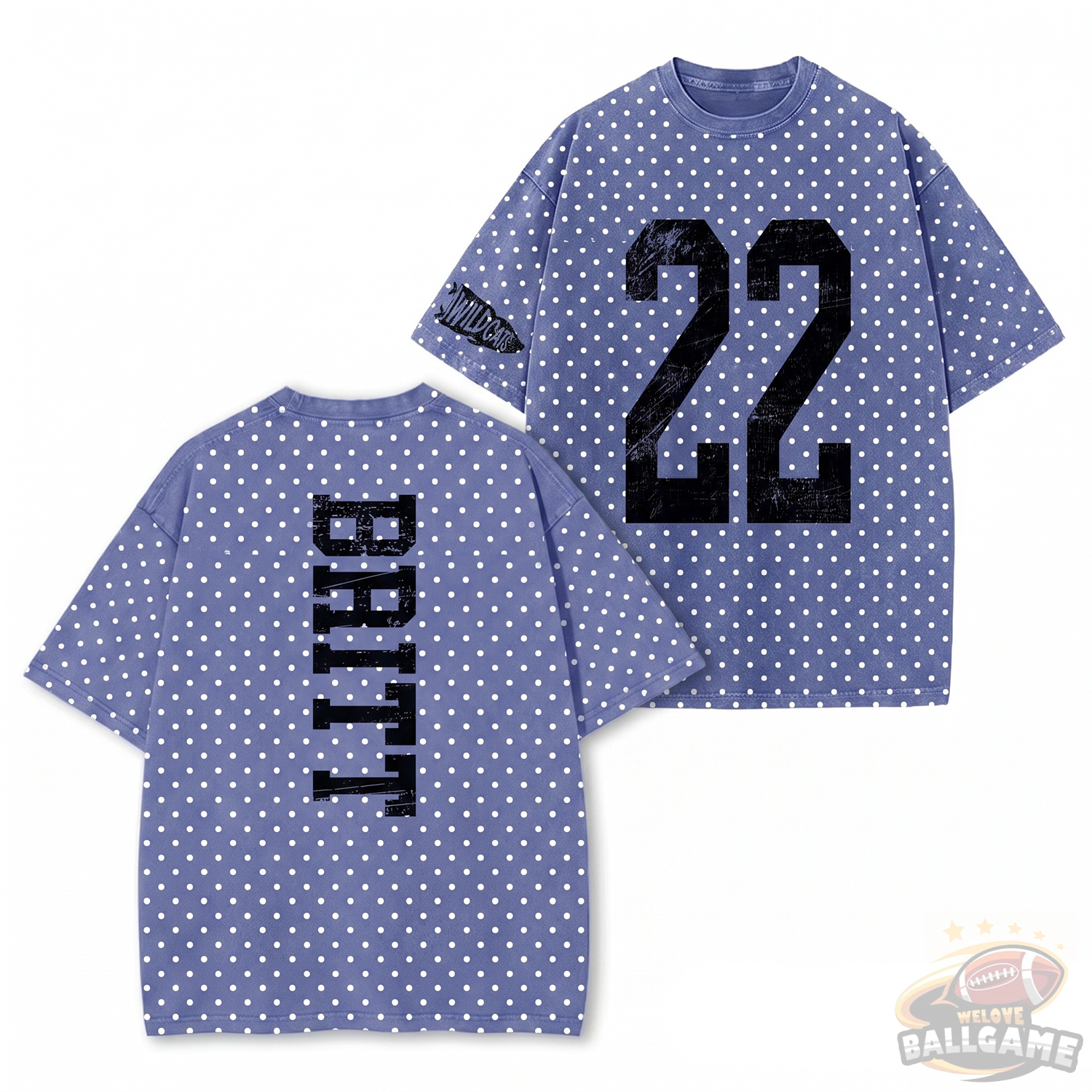 Custom Vintage Varsity Number and Custom Name on Back Polka Dot Washed T-Shirt Game Day School Spirit Shirt