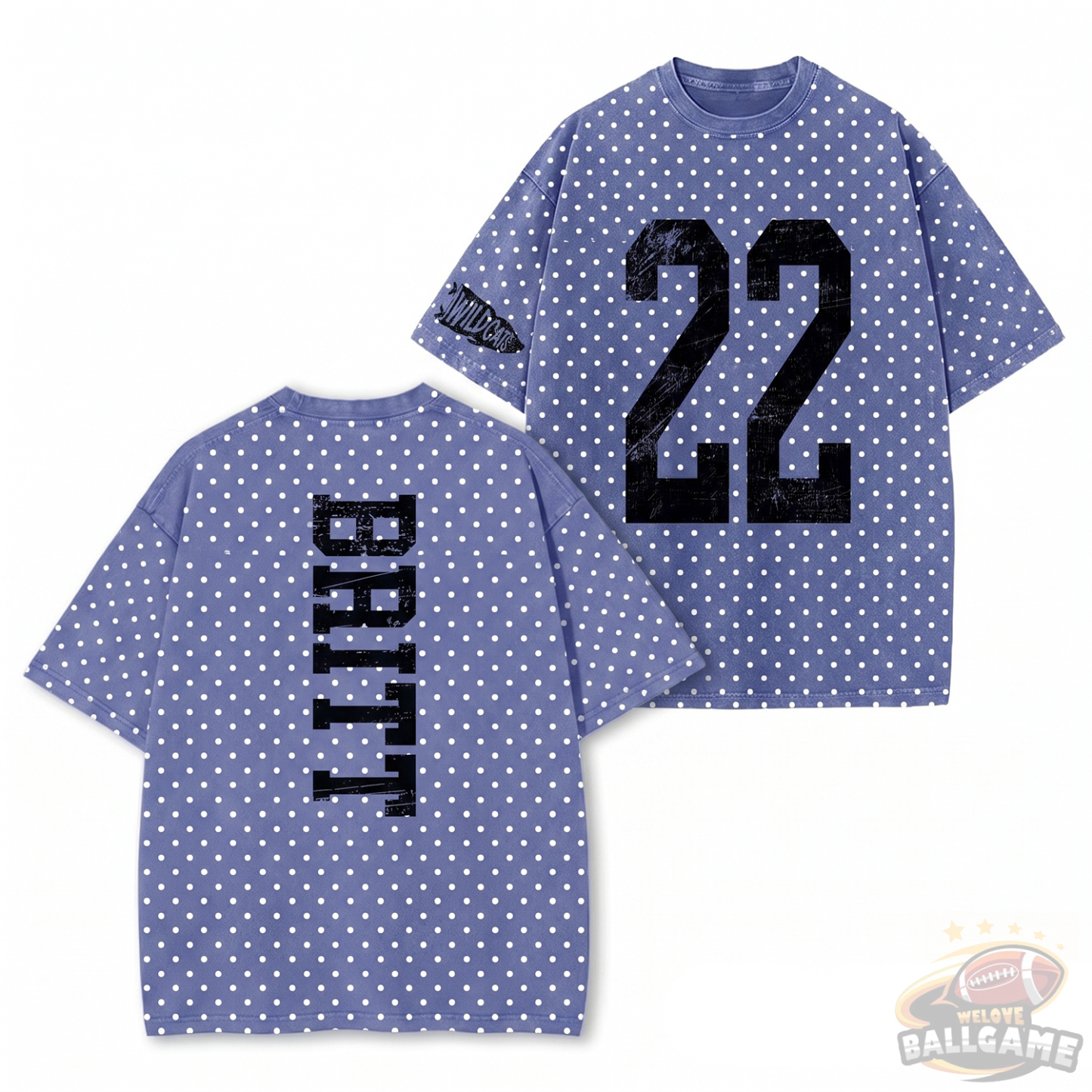 Custom Vintage Varsity Number and Custom Name on Back Polka Dot Washed T-Shirt Game Day School Spirit Shirt