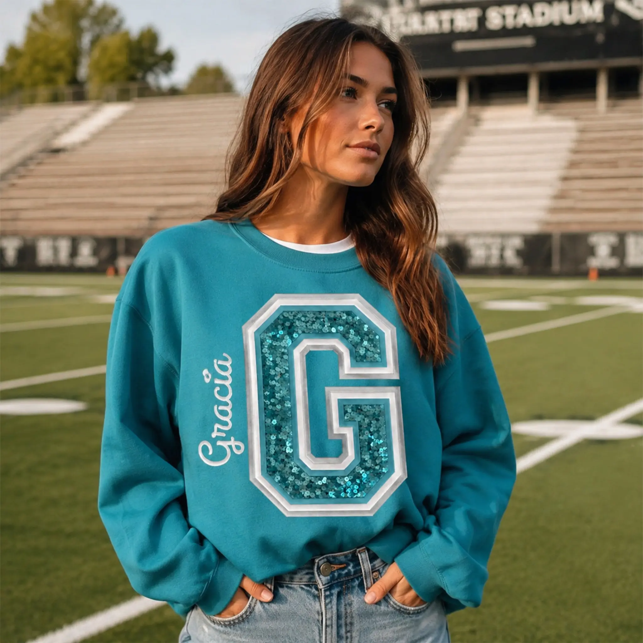 Custom Sequin Varsity Letter Sweatshirt with Multi-Stitched Embroidered Outline - Personalized Sports Fan Gifts