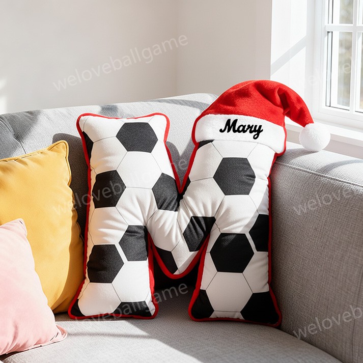 Custom Christmas Santa Hat Soccer Initial Throw Pillow With Custom Name For Kids And Sports Fans