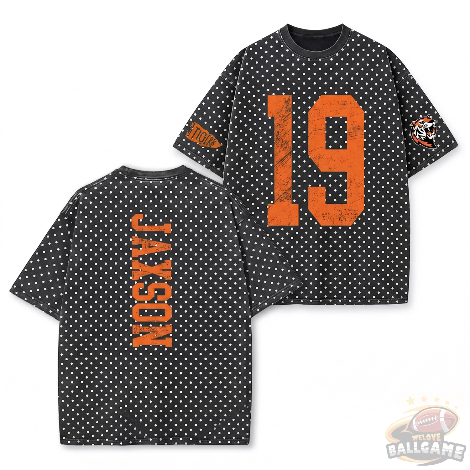 Custom Vintage Varsity Number and Custom Name on Back Polka Dot Washed T-Shirt Game Day School Spirit Shirt