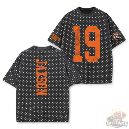 Custom Vintage Varsity Number and Custom Name on Back Polka Dot Washed T-Shirt Game Day School Spirit Shirt