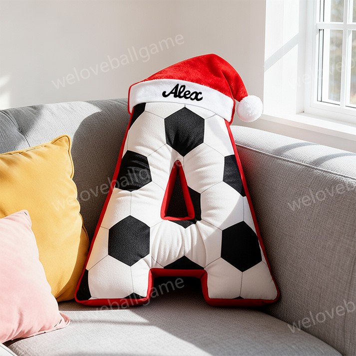 Custom Christmas Santa Hat Soccer Initial Throw Pillow With Custom Name For Kids And Sports Fans