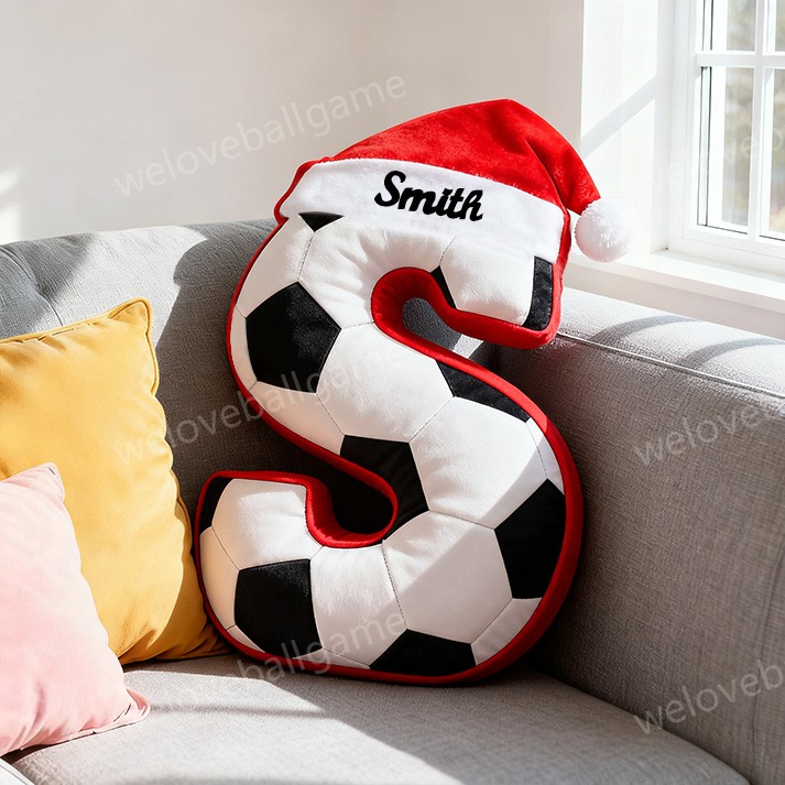 Custom Christmas Santa Hat Soccer Initial Throw Pillow With Custom Name For Kids And Sports Fans