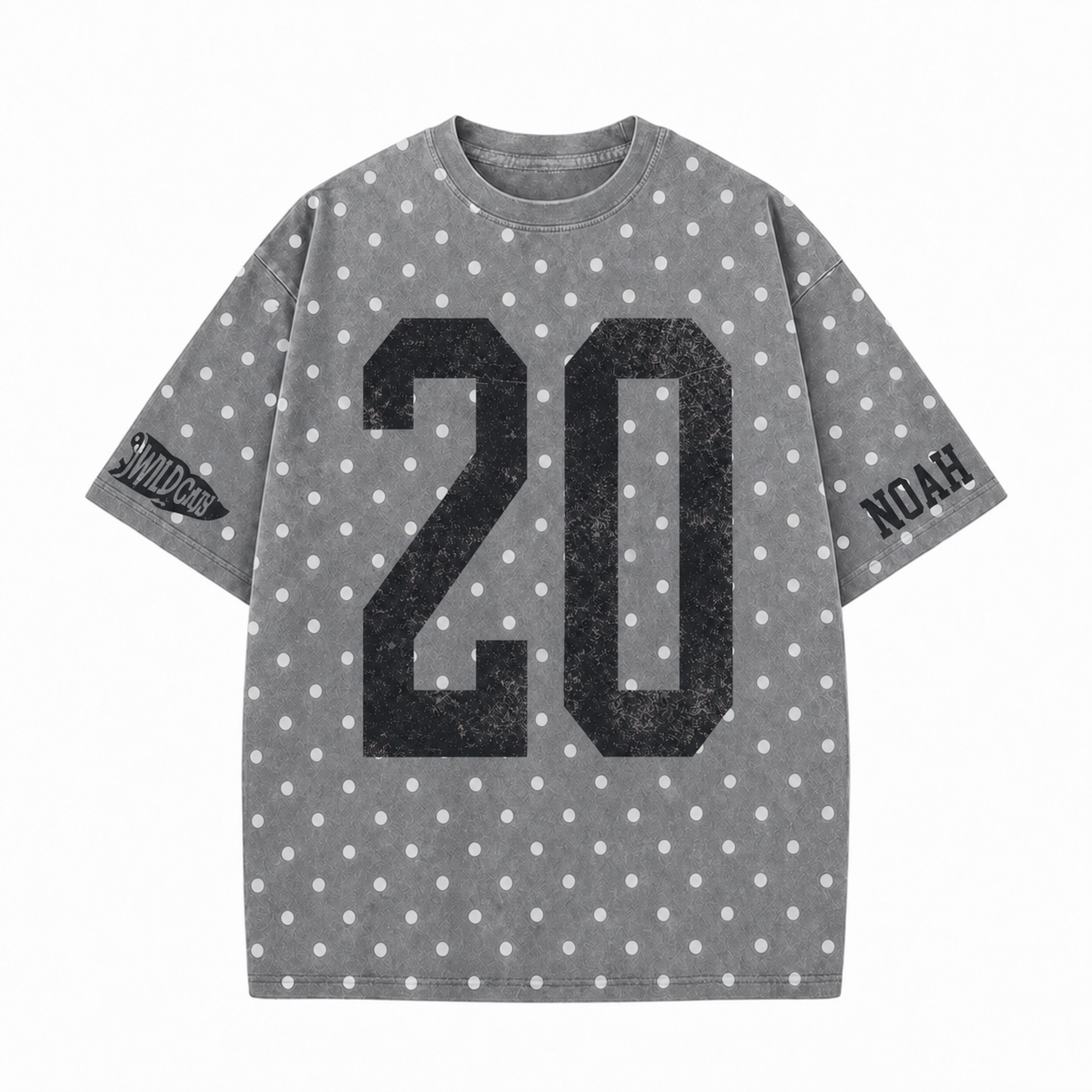 Custom Vintage Varsity Number or Letter Polka Dot Washed T-Shirt, Personalized Team Name Game Day Tee