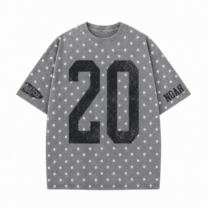 Custom Vintage Varsity Number or Letter Polka Dot Washed T-Shirt, Personalized Team Name Game Day Tee