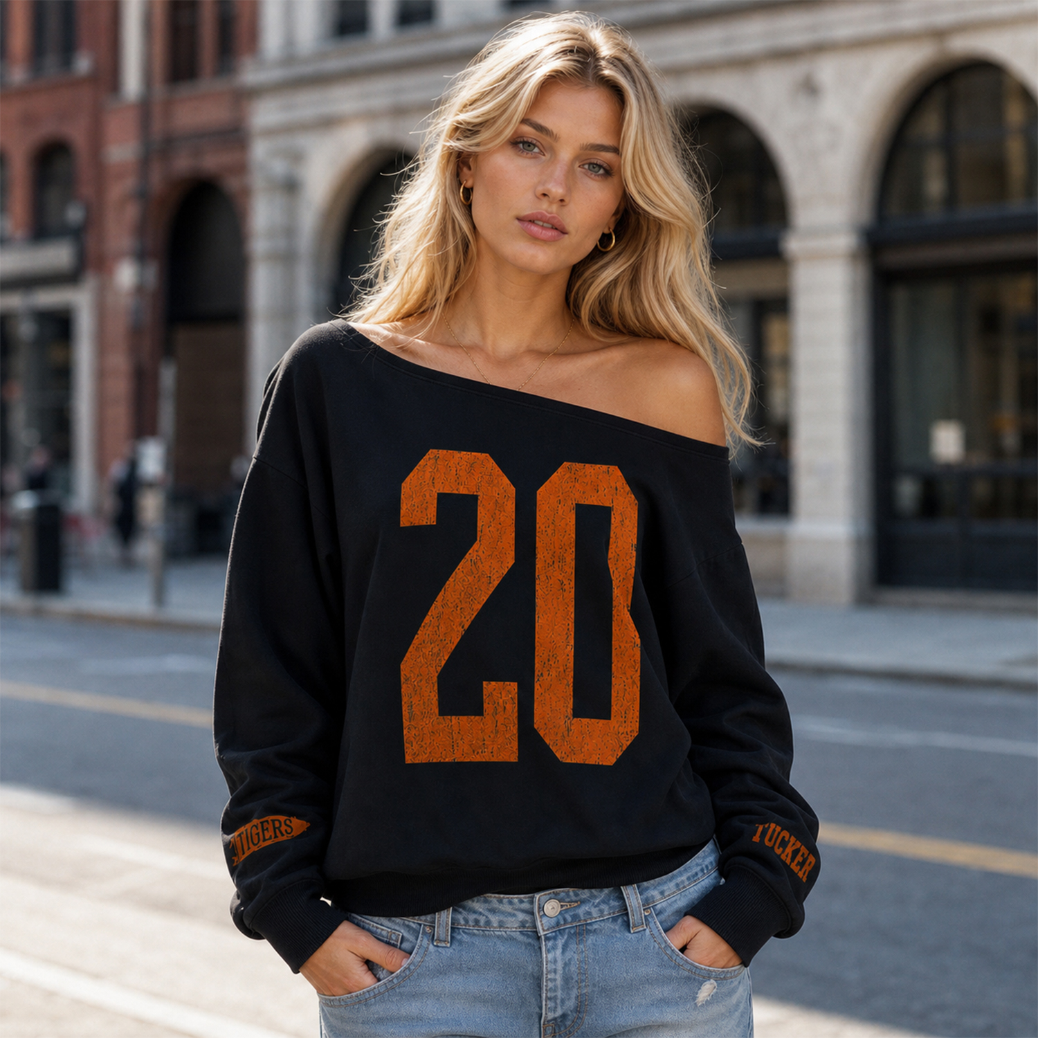 Custom Vintage Varsity Number or Letter Sport Team Off The Shoulder Sweatshirt, Game Day Wear