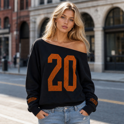 Custom Vintage Varsity Number or Letter Sport Team Off The Shoulder Sweatshirt, Game Day Wear