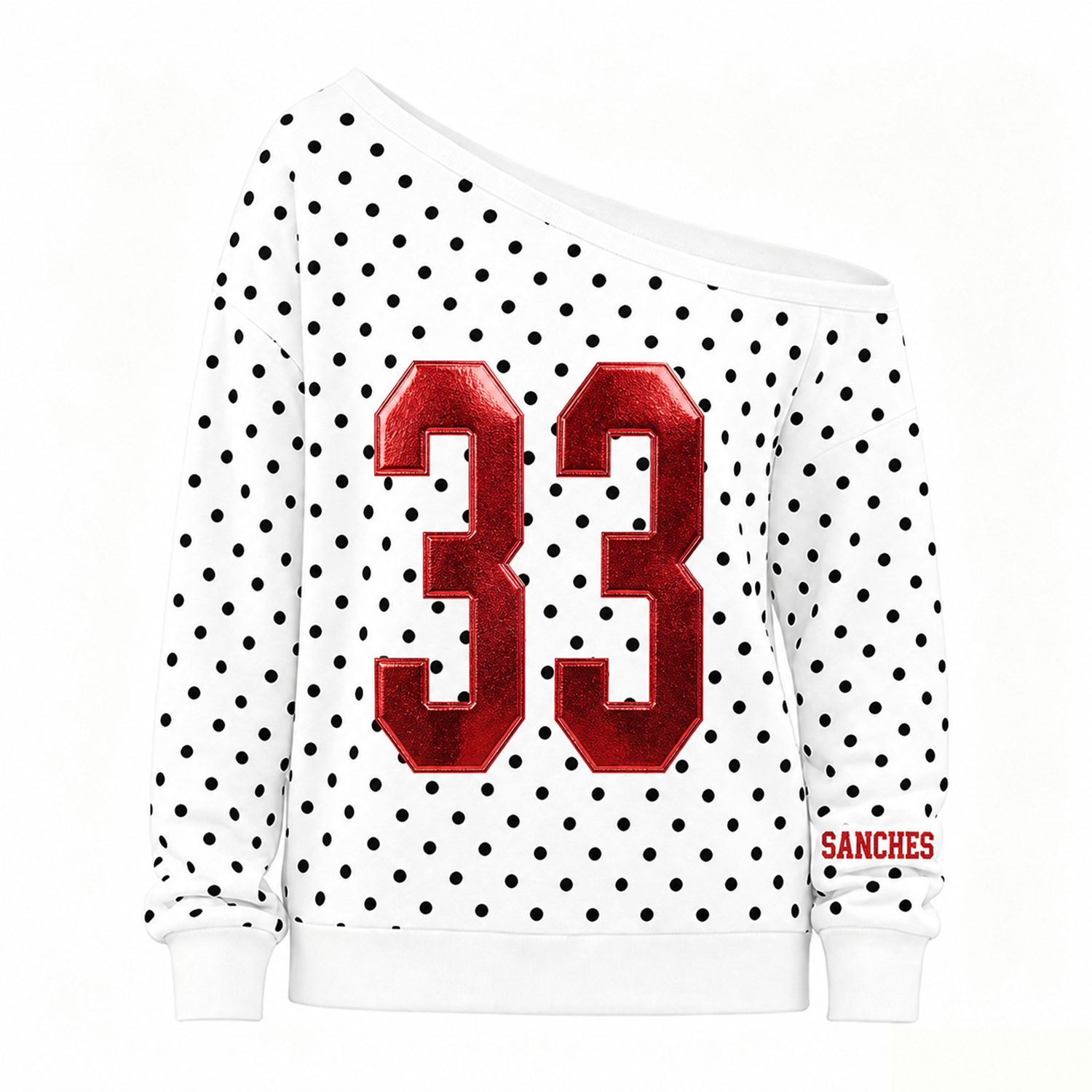 Custom Metallic Puff Varsity Number Off-Shoulder Polka Dot Vintage Varsity Jersey Sweatshirt