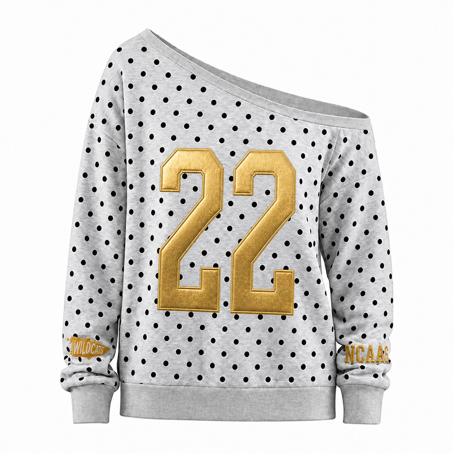 Custom Metallic Puff Varsity Number Off-Shoulder Polka Dot Vintage Varsity Jersey Sweatshirt