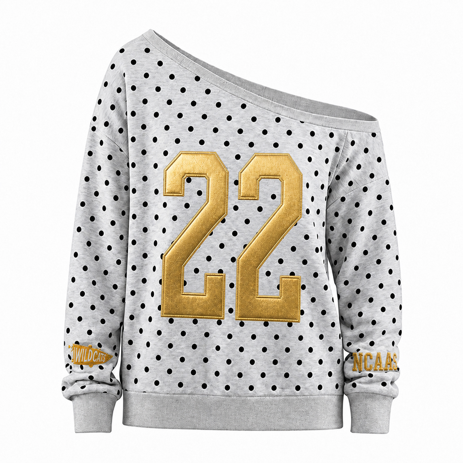 Custom Metallic Puff Varsity Number Off-Shoulder Polka Dot Vintage Varsity Jersey Sweatshirt