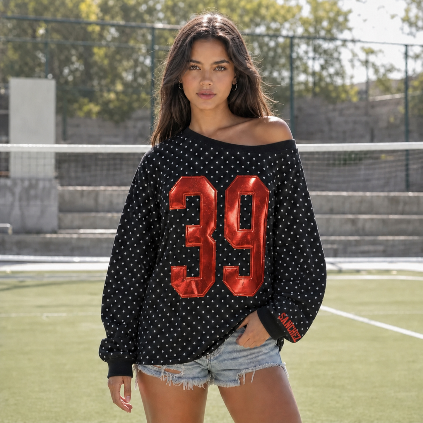 Custom Metallic Puff Varsity Number Off-Shoulder Polka Dot Vintage Varsity Jersey Sweatshirt