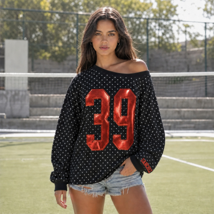 Custom Metallic Puff Varsity Number Off-Shoulder Polka Dot Vintage Varsity Jersey Sweatshirt