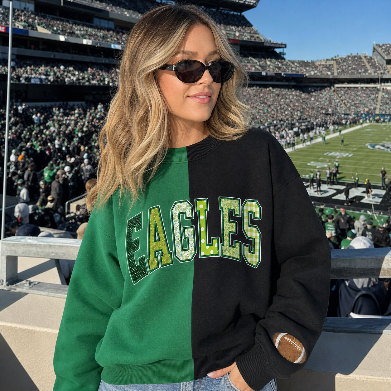Custom Patchwork Fabric Embroidered Two Tone Sweatshirt For Game Day