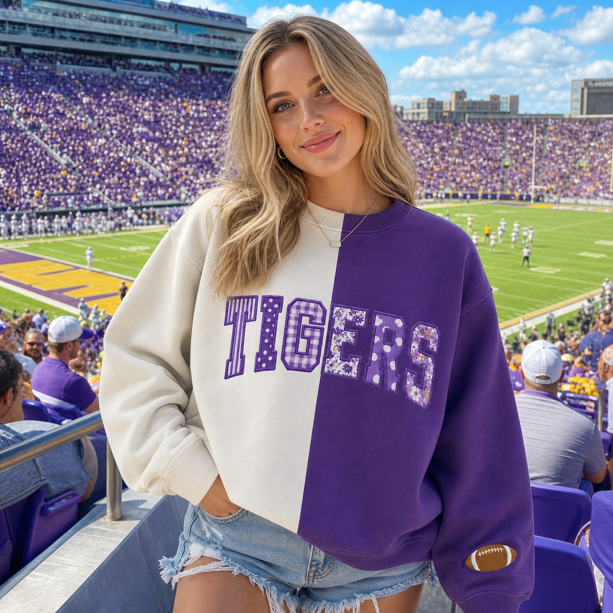 Custom Patchwork Fabric Embroidered Two Tone Sweatshirt For Game Day
