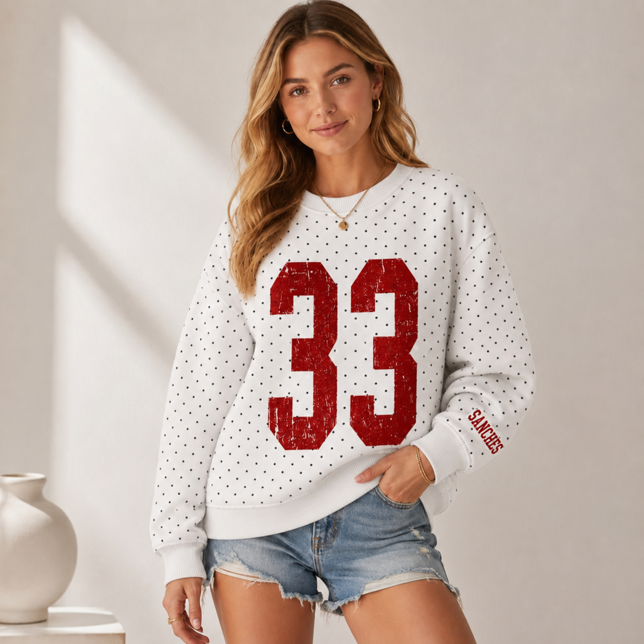 Custom Vintage Varsity Number or Letter Sport Team Polka Dot T-shirt, Game Day Wear