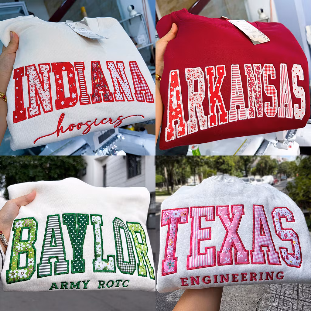 Custom Patchwork Embroidered Sweatshirt, Floral Varsity Crewneck, Personalized College Sweatshirt, Custom Applique Pullover