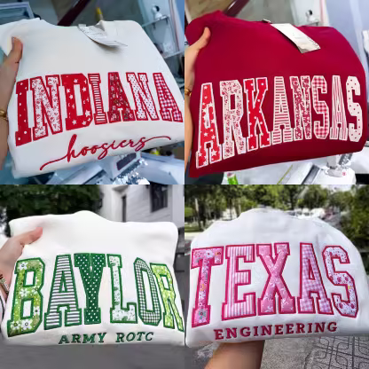Custom Patchwork Embroidered Sweatshirt, Floral Varsity Crewneck, Personalized College Sweatshirt, Custom Applique Pullover
