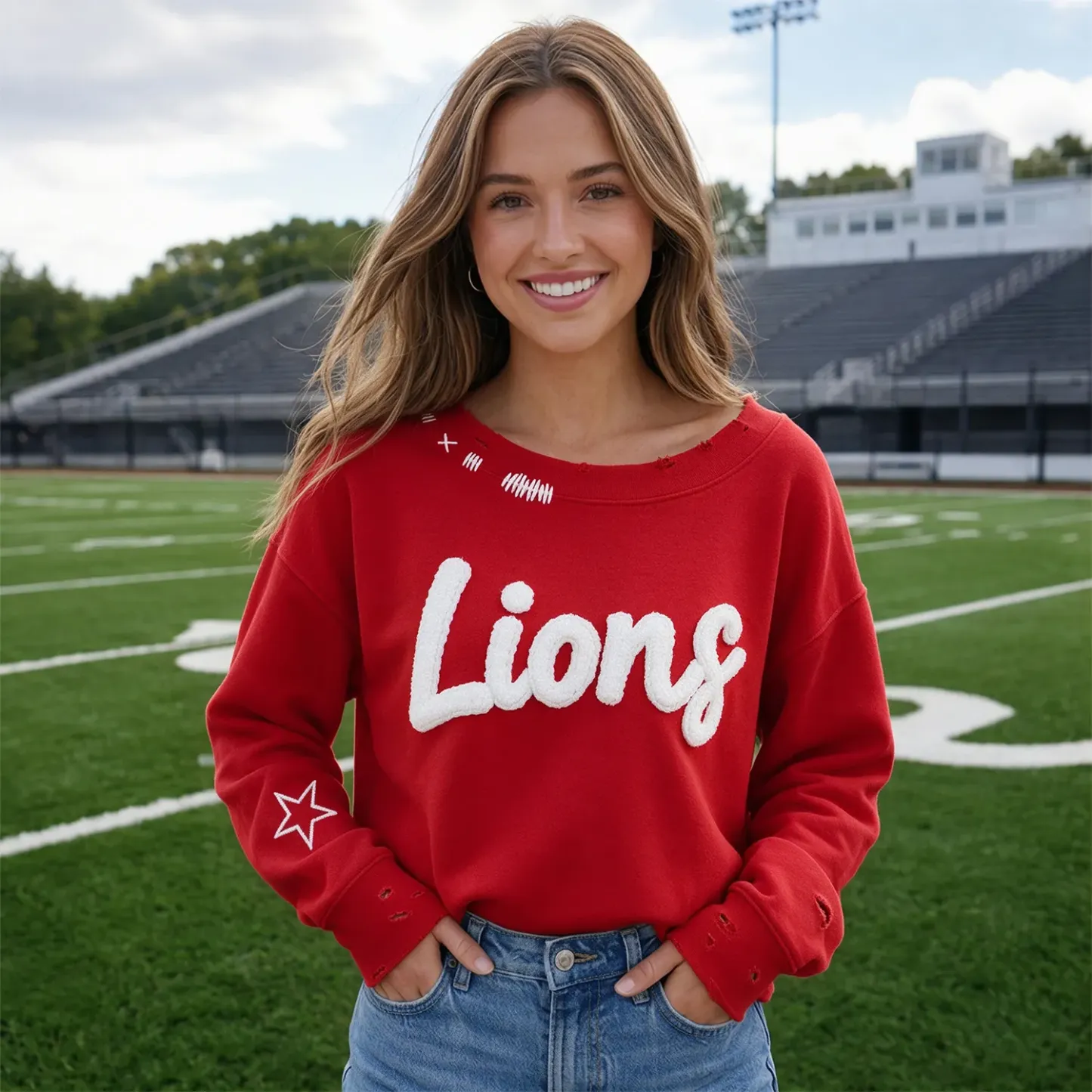 Custom Team Name Chenille Distressed & Ripped Crewneck, Vintage Game Day Style