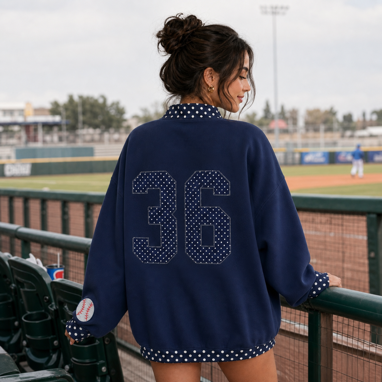 Custom Polka Dot Number Baseball Patchwork Polka Dot Check MockNeck Pullover 