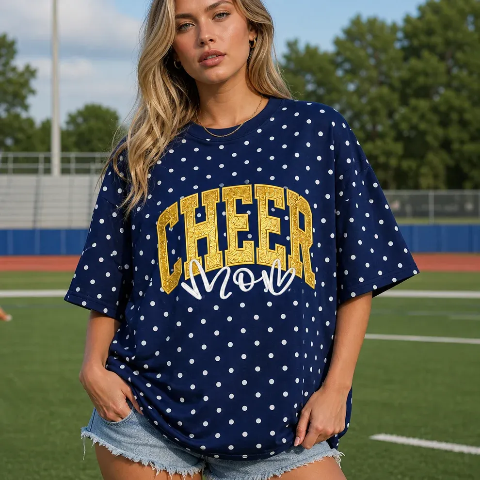 Custom Glitter Embroidered College Cheer Mom Polka Dot T-shirt Sweatshirt, Gifts for Sports Mom, Game Day Wear