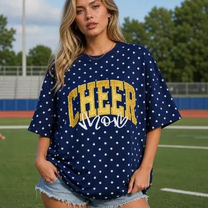 Custom Glitter Embroidered College Cheer Mom Polka Dot T-shirt Sweatshirt, Gifts for Sports Mom, Game Day Wear