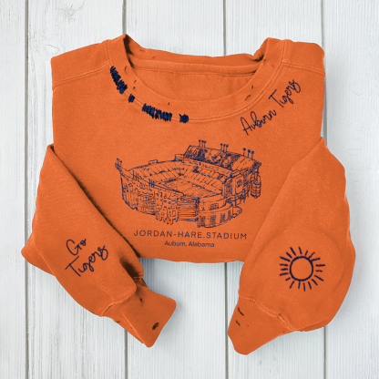 Jordan-Hare Stadium Unisex Distressed Monogram Collar Sleeve Embroidery Chain Stitch Sweatshirt 