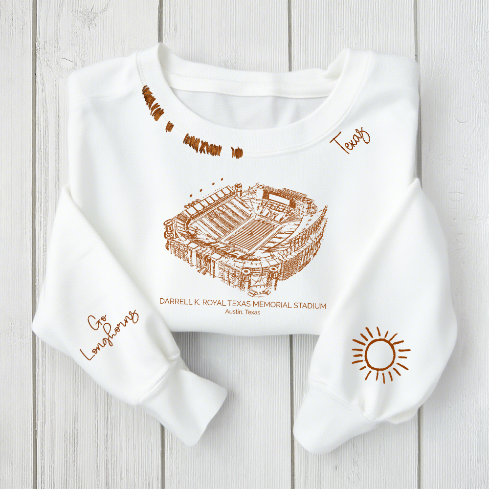 Darrell K Royal–Texas Memorial Stadium Unisex Distressed Monogram Collar Sleeve Embroidery Chain Stitch Sweatshirt 