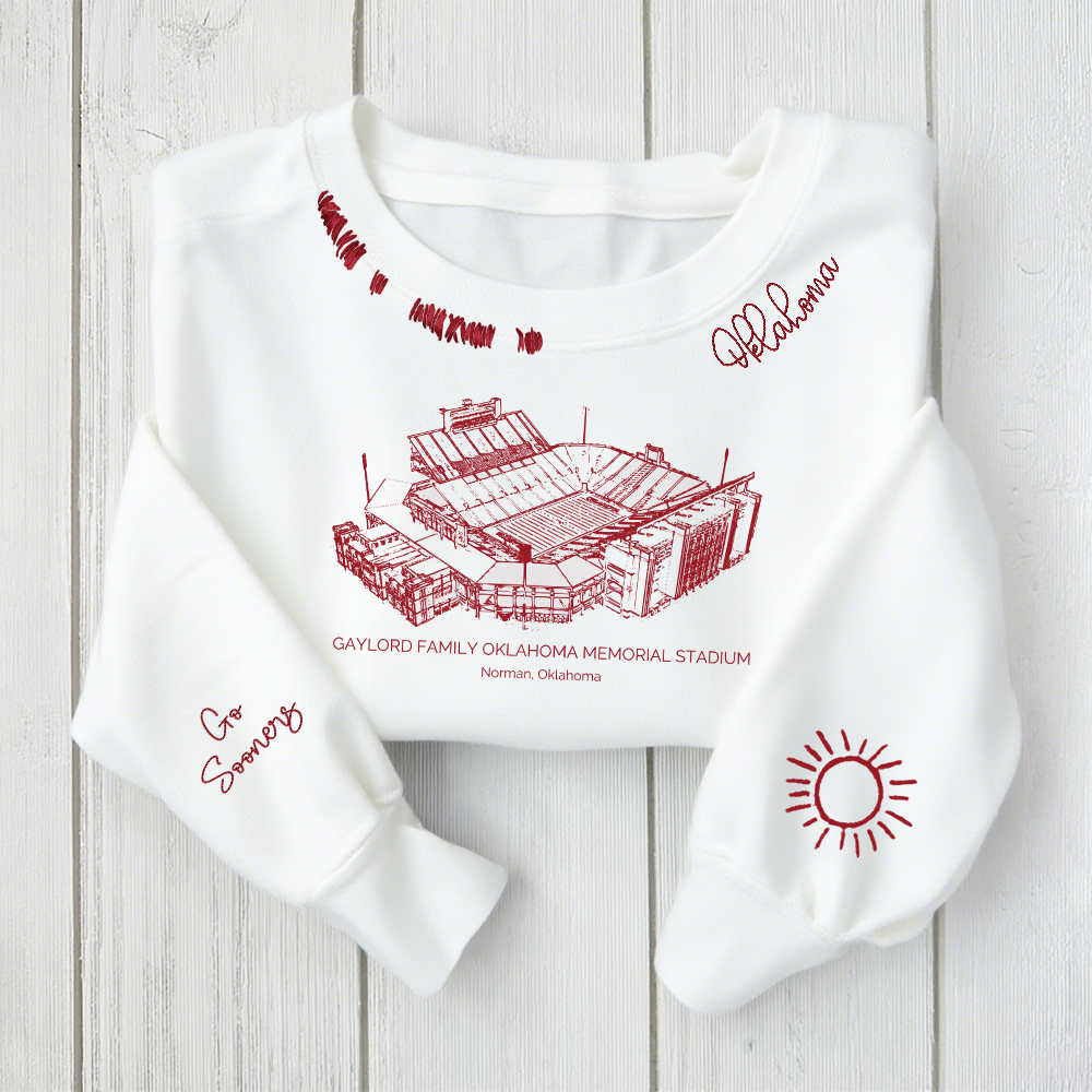 Gaylord Family Oklahoma Memorial Stadium Unisex Distressed Monogram Collar Sleeve Embroidery Chain Stitch Sweatshirt 