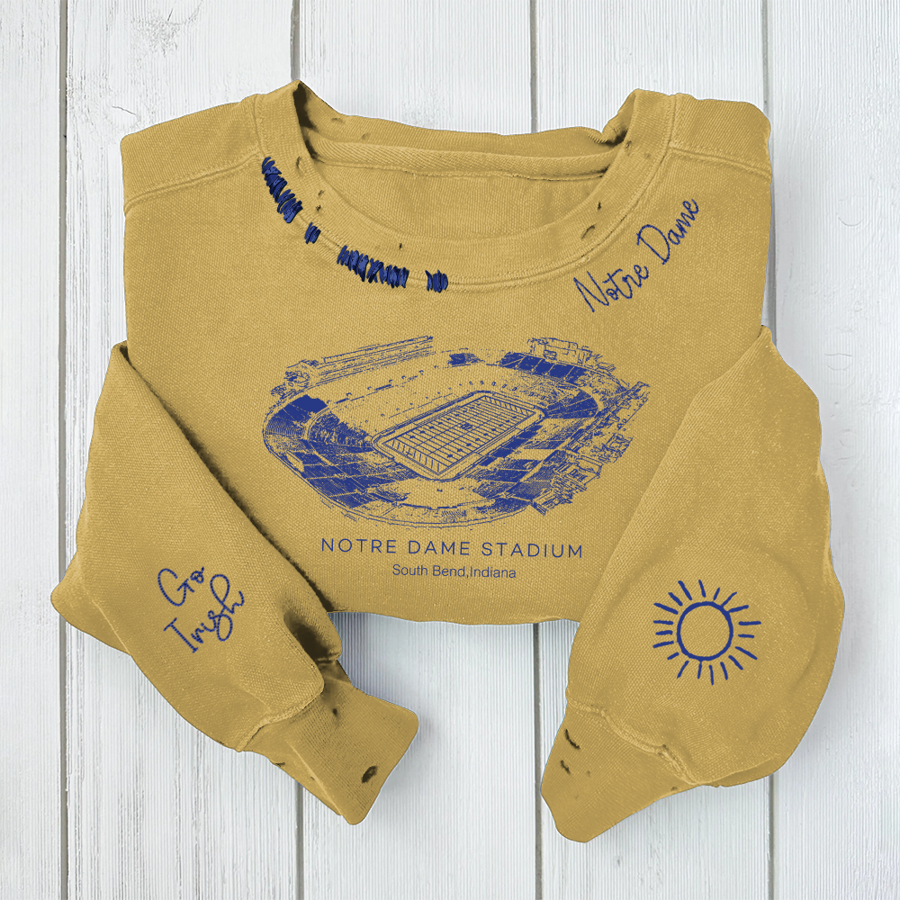 Notre Dame Stadium - Notre Dame Fighting Irish football Unisex Distressed Monogram Collar Sleeve Embroidery Chain Stitch Sweatshirt