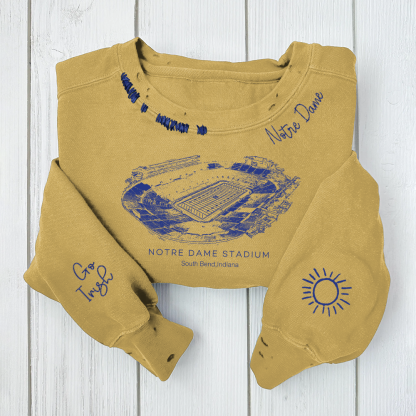 Notre Dame Stadium - Notre Dame Fighting Irish football Unisex Distressed Monogram Collar Sleeve Embroidery Chain Stitch Sweatshirt