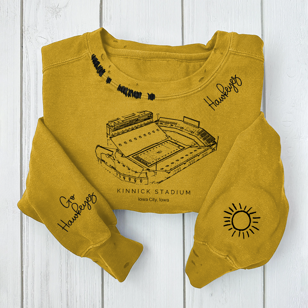 Kinnick Stadium - Iowa Hawkeyes football Unisex Distressed Monogram Collar Sleeve Embroidery Chain Stitch Sweatshirt