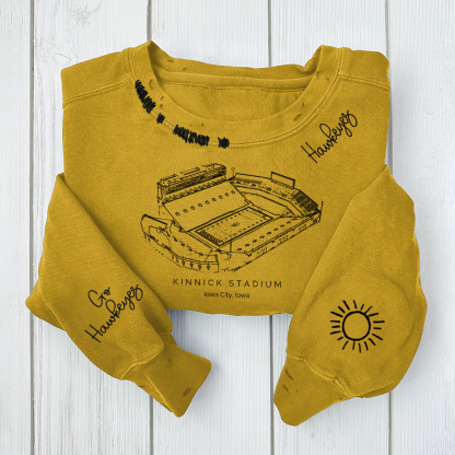 Kinnick Stadium - Iowa Hawkeyes football Unisex Distressed Monogram Collar Sleeve Embroidery Chain Stitch Sweatshirt