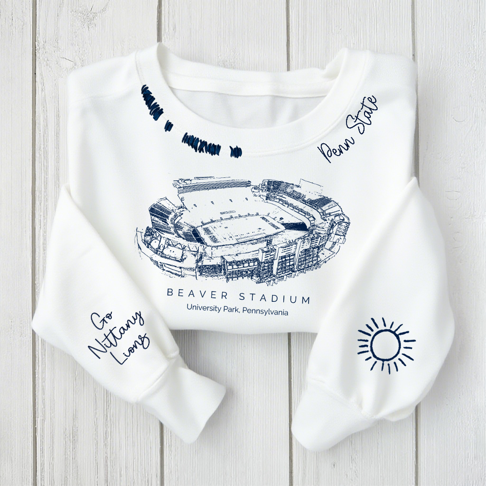 Beaver Stadium - Penn State Nittany Lions football Unisex Distressed Monogram Collar Sleeve Embroidery Chain Stitch Sweatshirt
