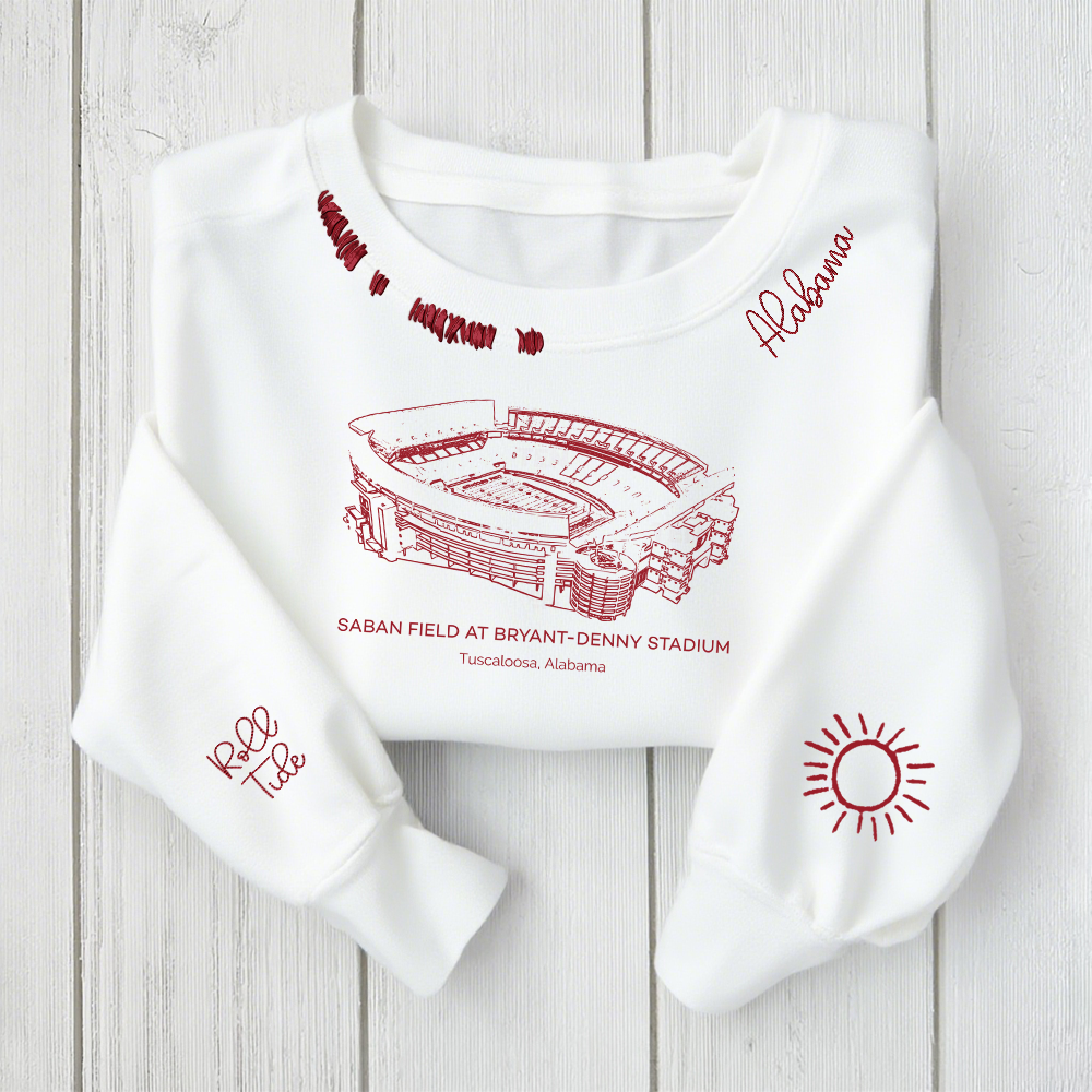 Saban Field at Bryant-Denny Stadium - Alabama Crimson Tide football Unisex Distressed Monogram Collar Sleeve Embroidery Chain Stitch Sweatshirt