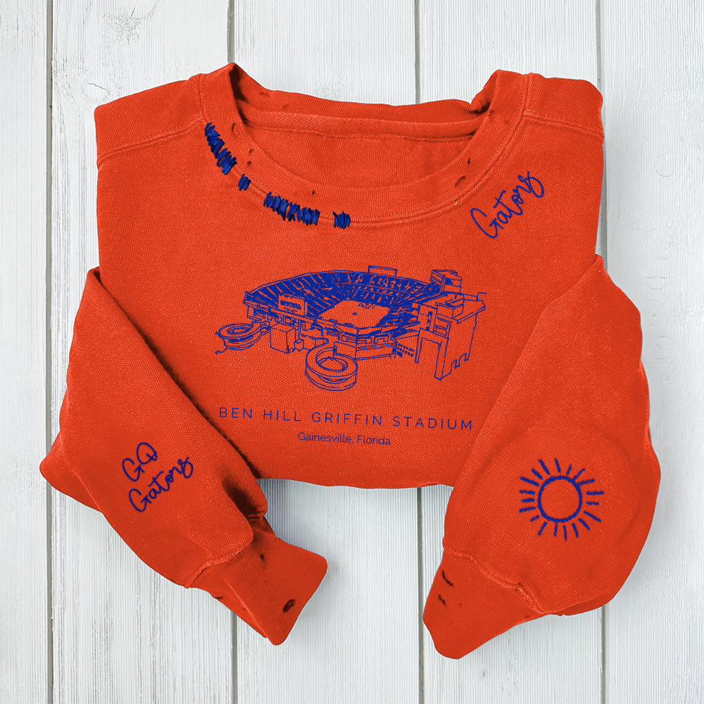 Ben Hill Griffin Stadium - Florida Gators football Unisex Distressed Monogram Collar Sleeve Embroidery Chain Stitch Sweatshirt