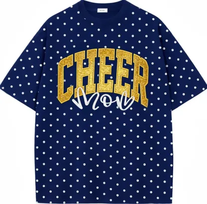 Custom Glitter Embroidered College Cheer Mom Polka Dot T-shirt Sweatshirt, Gifts for Sports Mom, Game Day Wear