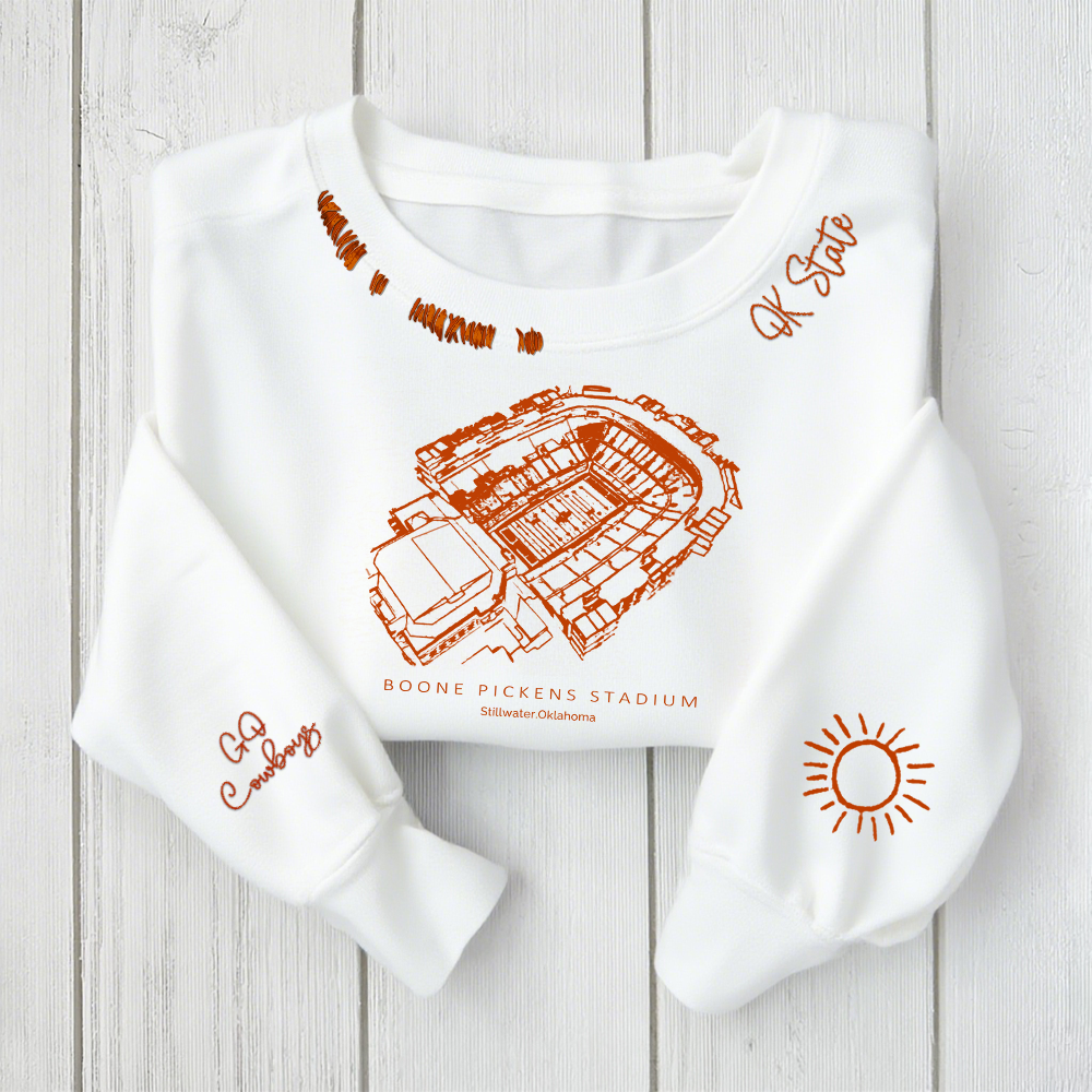 Boone Pickens Stadium - Oklahoma State Cowboys football Unisex Distressed Monogram Collar Sleeve Embroidery Chain Stitch Sweatshirt