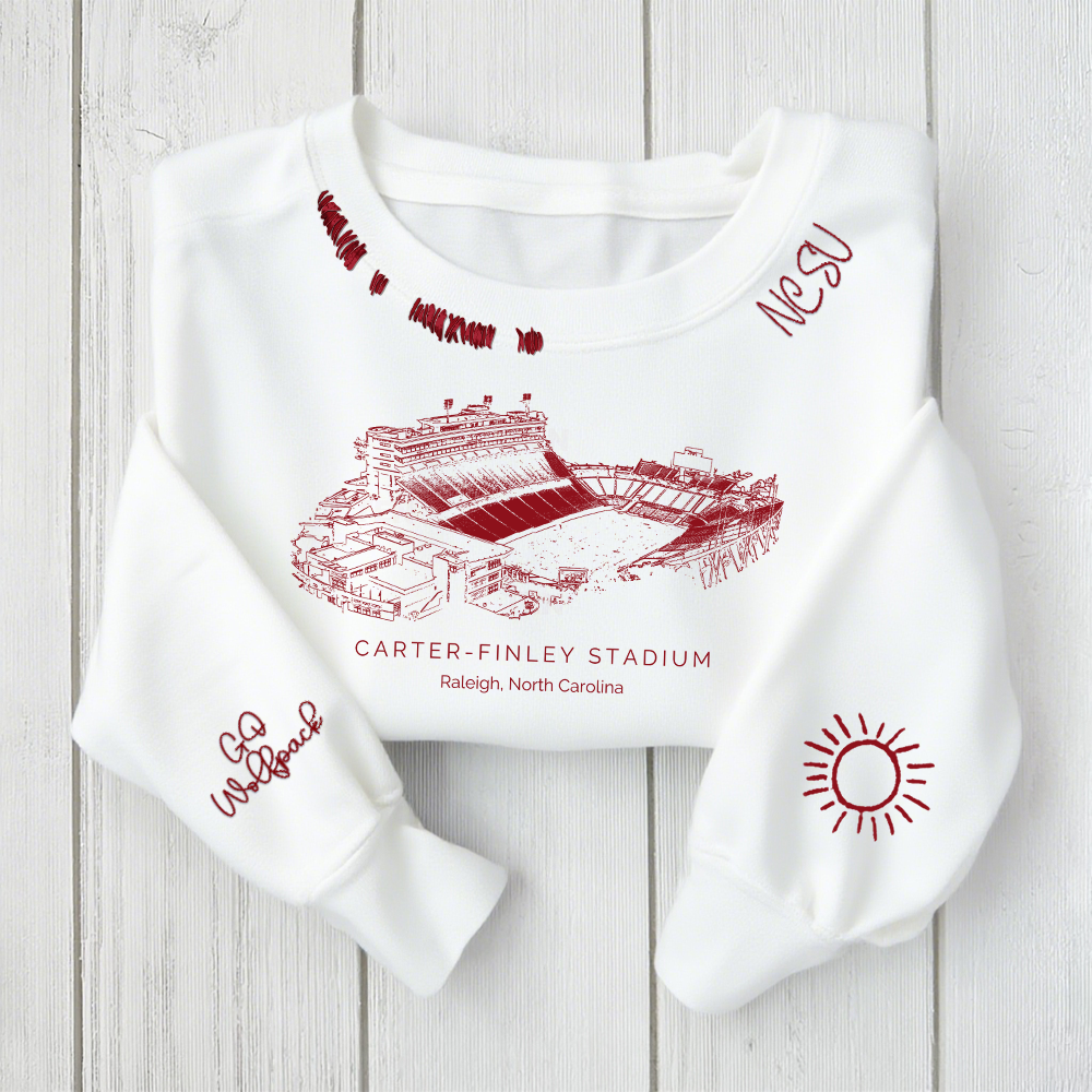 Carter–Finley Stadium - NC State Wolfpack football Unisex Distressed Monogram Collar Sleeve Embroidery Chain Stitch Sweatshirt