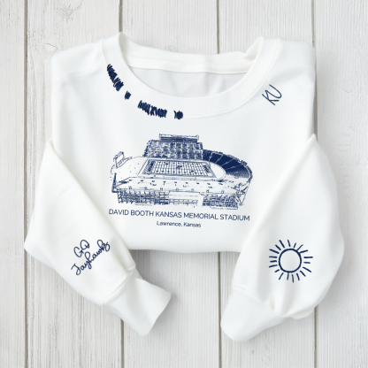 David Booth Kansas Memorial Stadium - Kansas Jayhawks football Unisex Distressed Monogram Collar Sleeve Embroidery Chain Stitch Sweatshirt