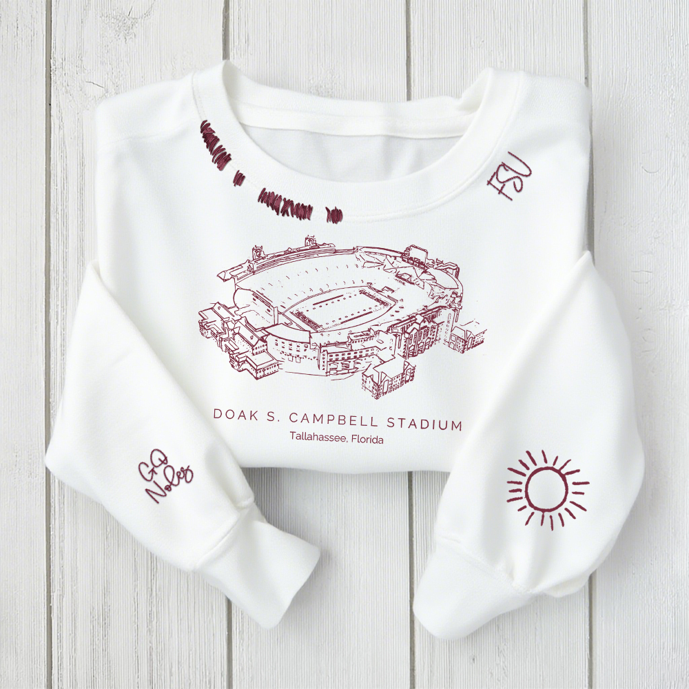 Doak S.Campbell Stadium - Florida State Seminoles football Unisex Distressed Monogram Collar Sleeve Embroidery Chain Stitch Sweatshirt