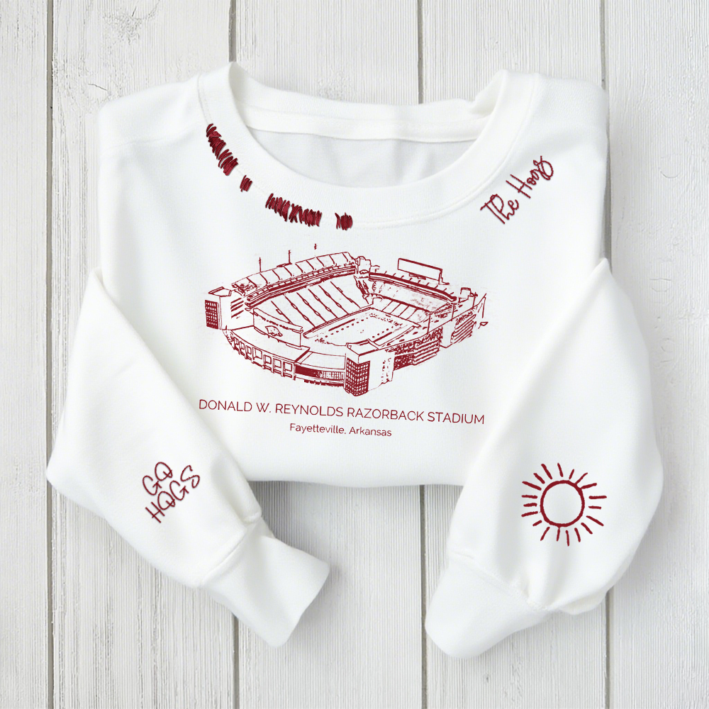 Donald W. Reynolds Razorback Stadium - Arkansas Razorbacks football Unisex Distressed Monogram Collar Sleeve Embroidery Chain Stitch Sweatshirt