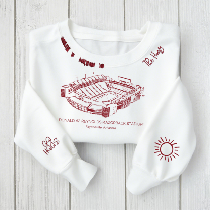 Donald W. Reynolds Razorback Stadium - Arkansas Razorbacks football Unisex Distressed Monogram Collar Sleeve Embroidery Chain Stitch Sweatshirt