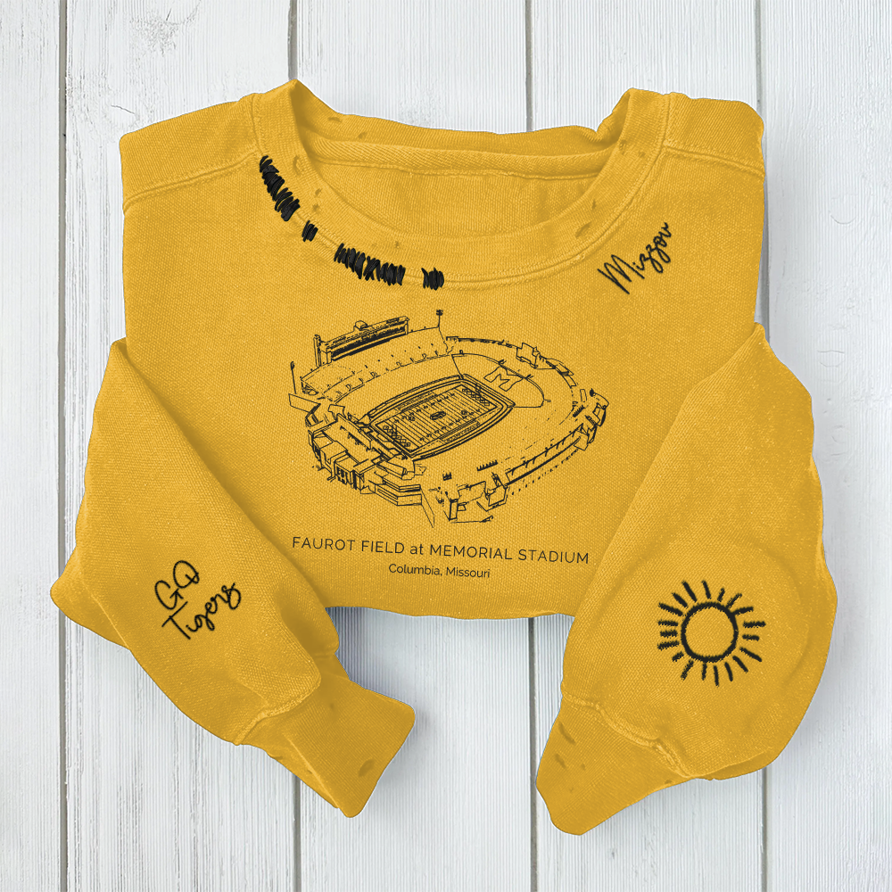 Faurot Field at Memorial Stadium- Missouri Tigers football Unisex Distressed Monogram Collar Sleeve Embroidery Chain Stitch Sweatshirt